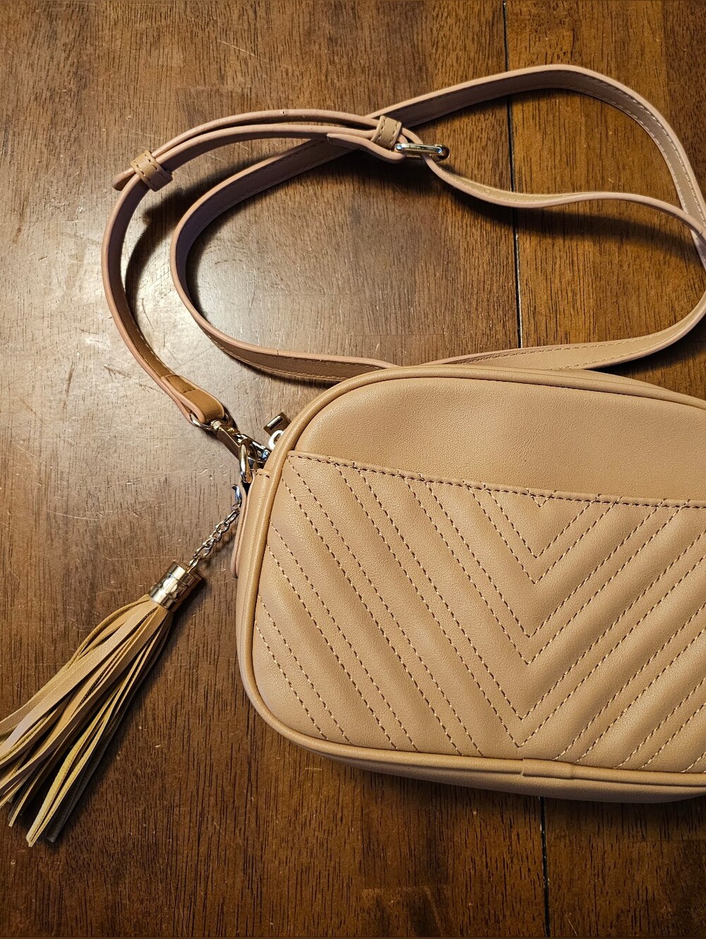 Neutral Tan Quilted Crossbody Bag with Tassel